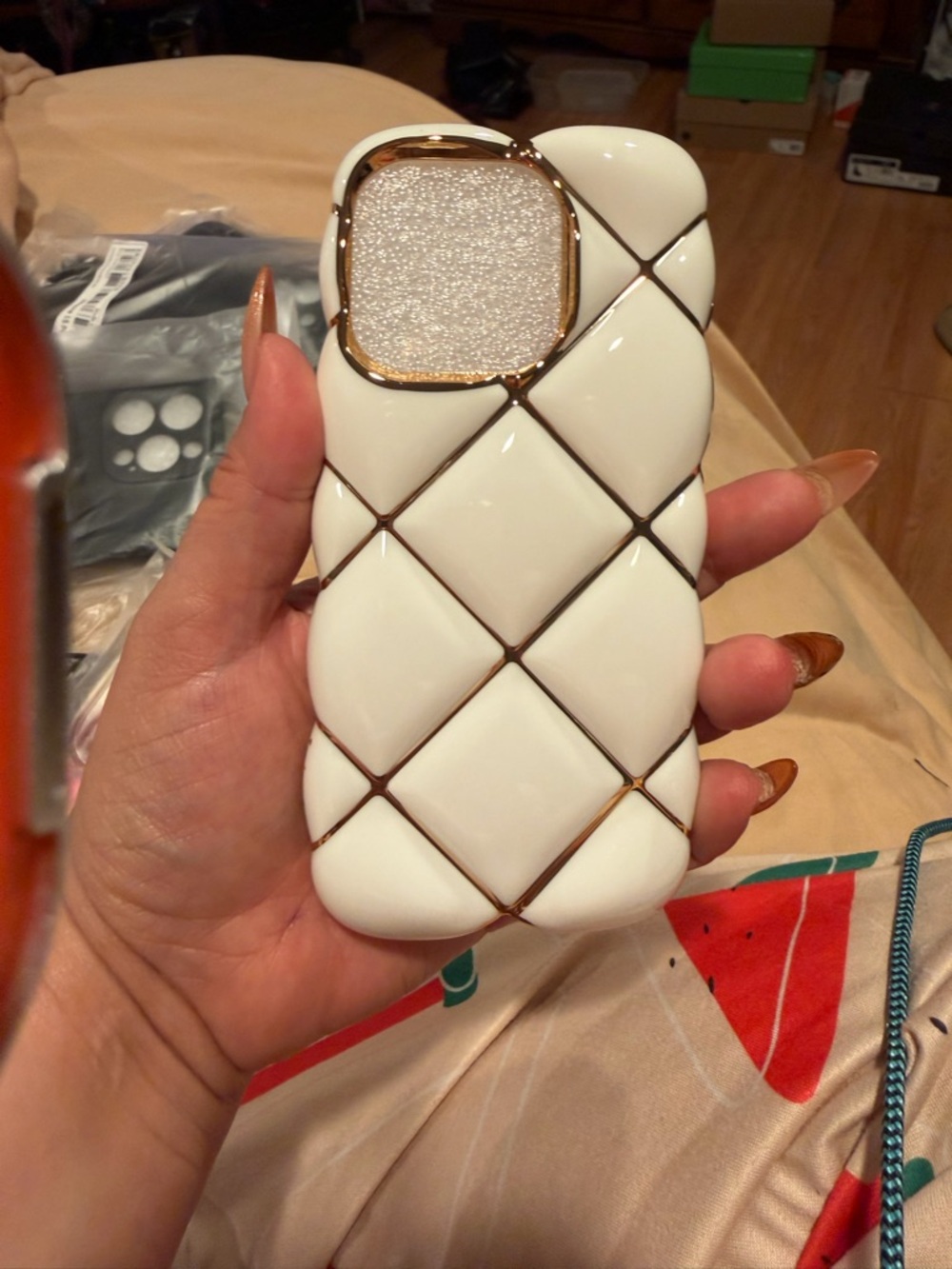White Quilted Gold-Trim Phone Case - Fashion Protective Cover